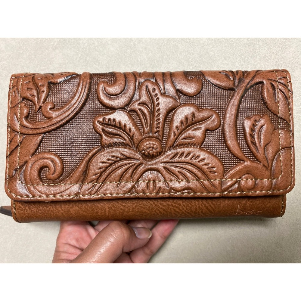 b.o.c. Born Concept Womens Brown Floral Embossed Tri-fold Wallet Snap Closure